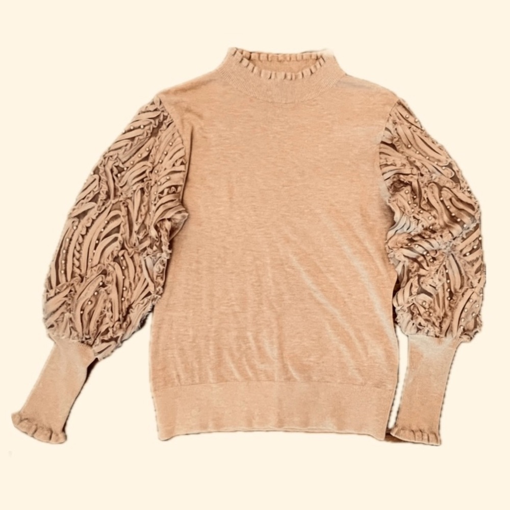 Sioni Milano Taupe Beige Long Sleeve Pearl Embellished Sweater, Medium
